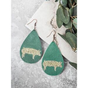 Lightweight Teardrop Earrings Gold Glitter Pig Green Cork Backed